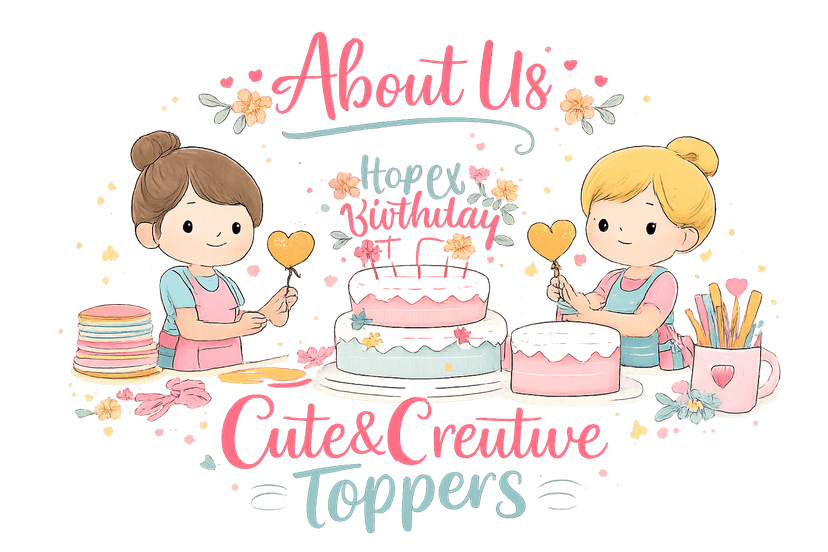 Owner of Cute & Creative Toppers holding branded celebration products